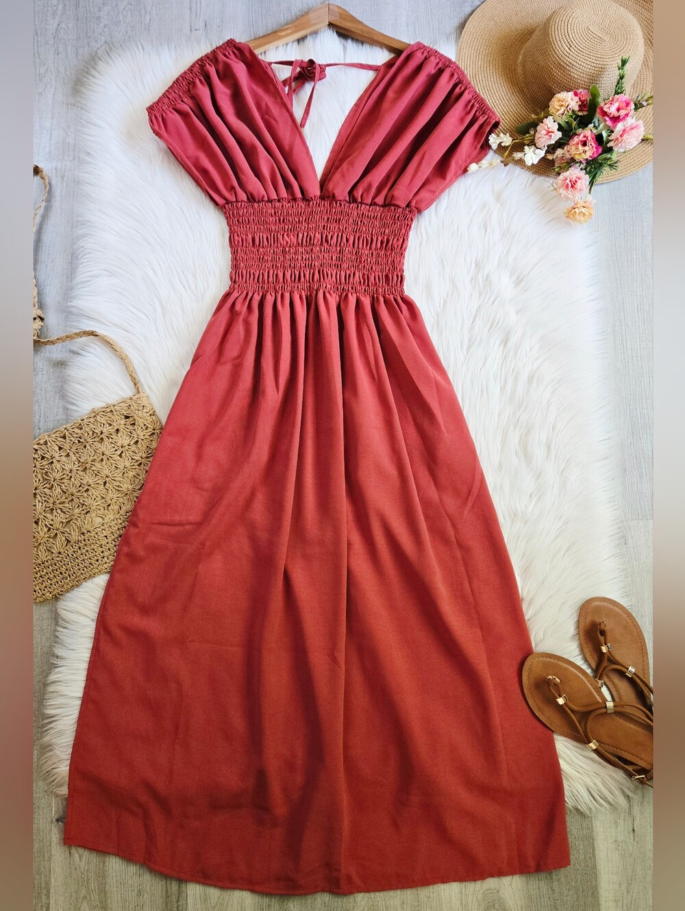 Ruched Waist Maxi Dress - Brick Red